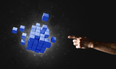 Yeniliğin sembolü olarak insan eli küp figürüne yakın olmak. Karışık ortam.