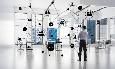 3D ofis içi ve sosyal bağlantı kavramındaki zarif iş adamı. Karışık ortam