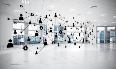 Noktalarla bağlantılı çizgiler ofis içi sosyal iletişim konsepti olarak. 3B görüntüleme