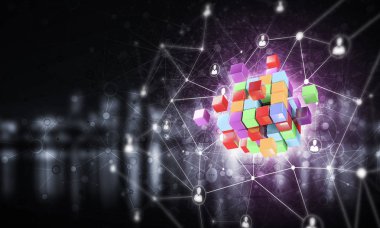 Küp şekli ve sosyal bağlantı çizgileri olan kavramsal arkaplan resmi. 3d oluşturma