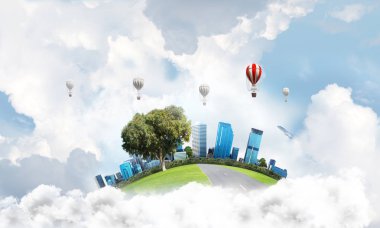 Kent manzaralı kule ve gökdelen yeşil uçan ada. Aerostates ve mavi bulutlu gökyüzü arka plan üzerinde uçan. 3D render.