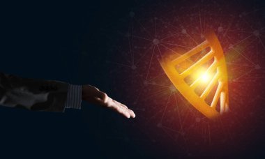 Dna molekülü araştırma kavram olarak sunulması iş adamı el kapatın. Karışık teknik