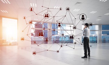 3D ofis içi ve sosyal bağlantı kavramındaki zarif iş adamı. Karışık ortam