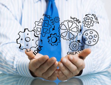 Masada oturan ve dişli mekanizması avuç içi gösterilen işadamı yakın çekim