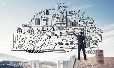 İş başarı planı çizim arka olan genç adam. Karışık teknik