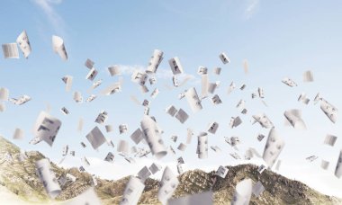 Belgeler arasında yüksek dağlar ve Clear gökyüzü uçan ile güzel doğa manzara. 3D render.