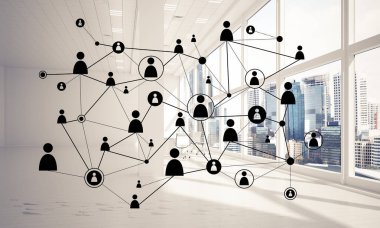 Noktalarla bağlantılı çizgiler ofis içi sosyal iletişim konsepti olarak. 3B görüntüleme