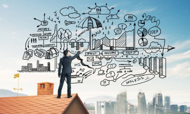 İş başarı planı çizim arka olan genç adam. Karışık teknik