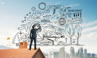 İş başarı planı çizim arka olan genç adam. Karışık teknik