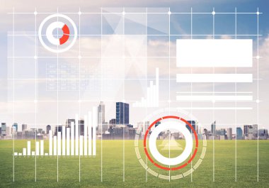 Ekranda medya simgelerine ve arka planda iş şehrine sahip modern teknolojiler kavramı