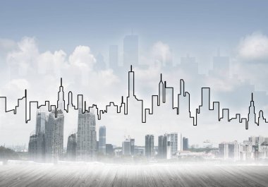 Elle çizilmiş siluet modern şehir manzarasının üzerinde kuleler ve gökdelenlerle