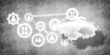 Çarklı arkaplan resmi ve beton duvarda bulut hesaplama bağlantısı kavramı