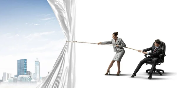 Two Businesspeople Pulling White Blank Fabric Rope — Stock Photo, Image