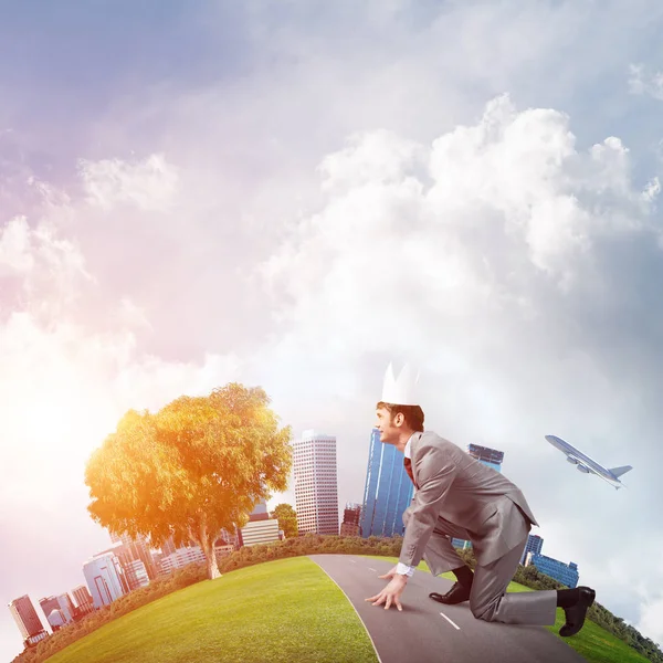 Young Handsome Businessman Wearing White Paper Crown Running Hurry — Stock Photo, Image