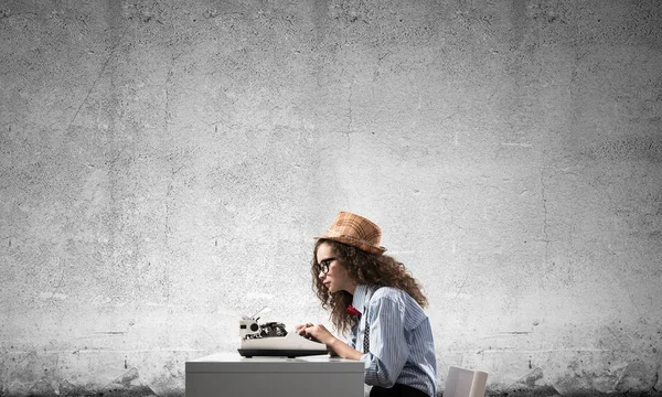 Side View Young Beautiful Woman Writer Hat Eyeglasses Using Typing — Stock Photo, Image