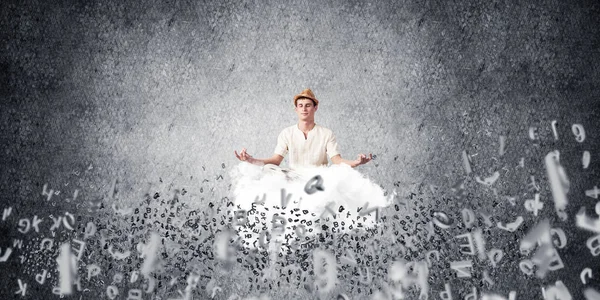 Man White Clothing Keeping Eyes Closed Looking Concentrated While Meditating — Stock Photo, Image