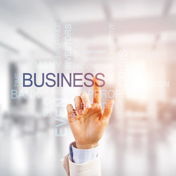 Close Businesswoman Hand Touching Finger Screen Business Conceptual Words — Stock Photo, Image