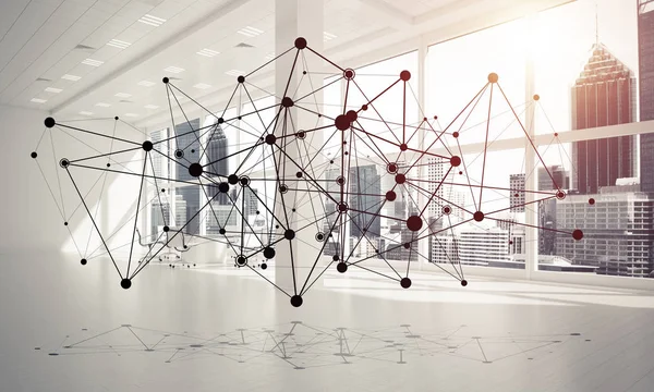 Lines connected with dots as social communication concept in office interior. 3D rendering