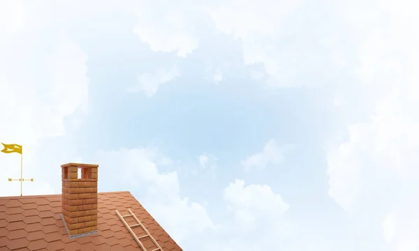 棕色砖屋顶的烟囱在蓝色天空背景下 混合媒体 — 图库照片