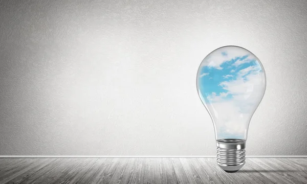 Glass Lightbulb Clouds Empty Room Grey Wall Background Rendering — Stock Photo, Image