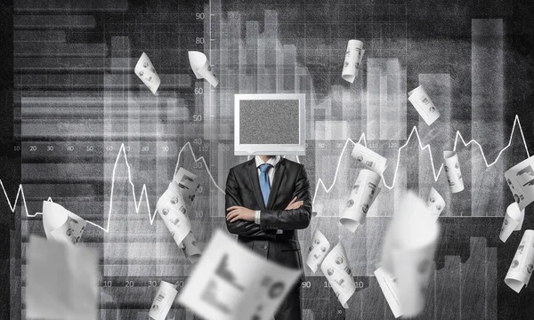 Businessman Suit Monitor Instead Head Keeping Arms Crossed While Standing — Stock Photo, Image