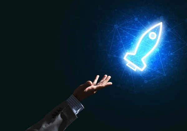 Rocket Glowing Icon Businessman Hand Dark Background — Stock Photo, Image