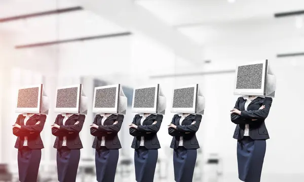Business Women Suits Monitors Instead Heads Keeping Arms Crossed While — Stock Photo, Image