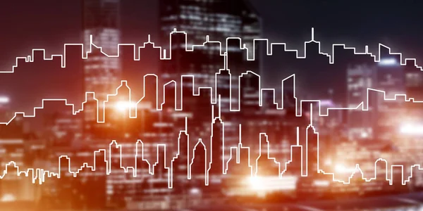 Modern night city scape glowing with lights and its drawn silhouette