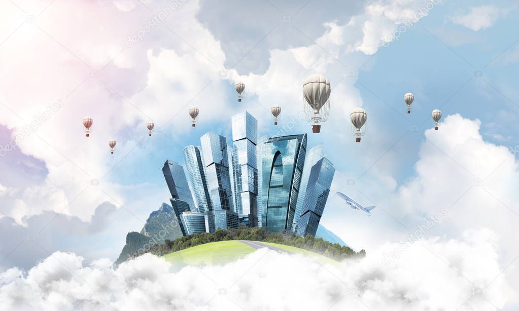 Green flying island among clouds with urban view of towers and skyscrapers. Flying aerostates and blue cloudy skyscape on background. 3D rendering.
