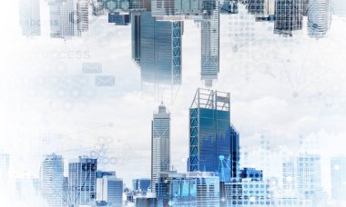 İki modern kentsel dünya baş aşağı birbirine gökyüzü arka plan ve medya arabiriminde bulunan soyut görüntüsü. Çift pozlama. Duvar kağıdı, zemin ile boşaltmak.