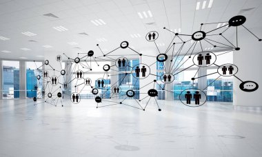 Noktalarla bağlantılı çizgiler ofis içi sosyal iletişim konsepti olarak. 3B görüntüleme