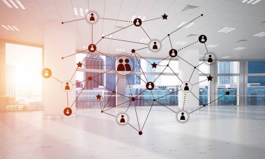 Noktalarla bağlantılı çizgiler ofis içi sosyal iletişim konsepti olarak. 3B görüntüleme