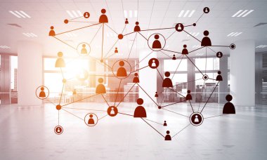 Noktalarla bağlantılı çizgiler ofis içi sosyal iletişim konsepti olarak. 3B görüntüleme
