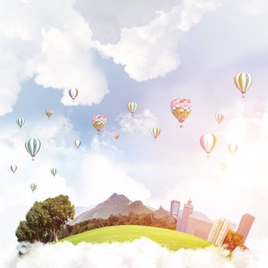 Gökyüzünde bulutların üzerinde yüzen binalar ve gökdelenlerle modern şehir manzarası