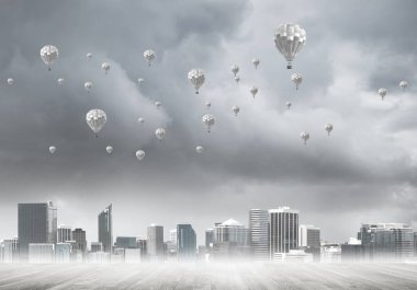 Sis ve balon gökyüzünde modern cityscape gökdelenler ve Binalar ile kaplı