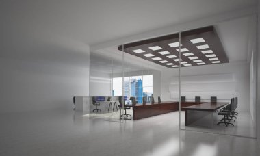 Pencereleri ve işyerleri olan modern, boş, zarif bir ofis. Karışık ortam