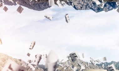 Soyut resim kağıtları uçan arasında ve baş aşağı birbirlerine gökyüzü arka plan üzerinde bulunan iki doğa dünyanın. Duvar kağıdı, zemin ile boşaltmak.