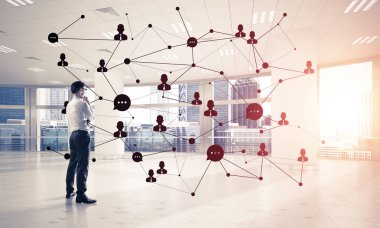 3D ofis içi ve sosyal bağlantı kavramındaki zarif iş adamı. Karışık ortam