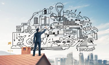 İş başarı planı çizim arka olan genç adam. Karışık teknik