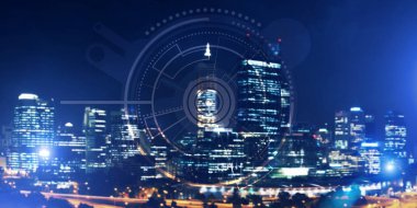 Gece parlayan şehre karşı sanal arayüzü olan arkaplan kavramsal görüntüsü