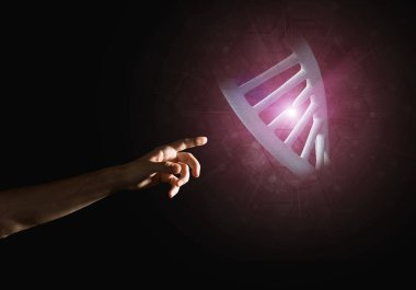 Dna molekülü araştırma kavram olarak sunan adam el kapatın. Karışık teknik
