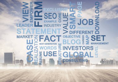 Şehir planında anahtar sözcükler kolajına sahip modern iş kavramı