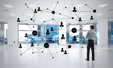 3D ofis içi ve sosyal bağlantı kavramındaki zarif iş adamı. Karışık ortam