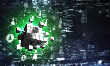 Küp şekli ve sosyal bağlantı çizgileri olan kavramsal arkaplan resmi. 3d oluşturma