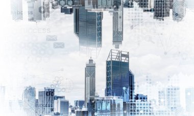 İki modern kentsel dünya baş aşağı birbirine gökyüzü arka plan ve medya arabiriminde bulunan soyut görüntüsü. Çift pozlama. Duvar kağıdı, zemin ile boşaltmak.