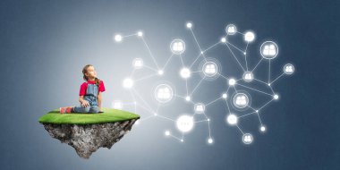 Ada ve sosyal bağlantı kavramı uçan üzerinde oturan sevimli kız