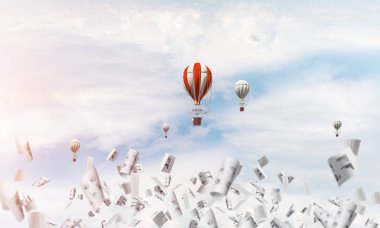 Renkli aerostats kağıt belgeler arasında ve mavi bulutlu gökyüzü üzerinde uçan. 3D render.