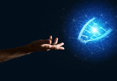 Dna molekülü araştırma kavram olarak sunan adam el kapatın. Karışık teknik