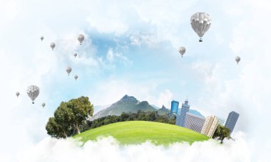 Gökyüzünde bulutların üzerinde yüzen binalar ve gökdelenlerle modern şehir manzarası