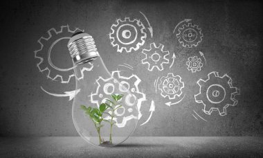 Kabataslak dişli mekanizması arka planda gri duvara karşı ampul içinde yeşil bitki ile yerleştirilir. 3D render.